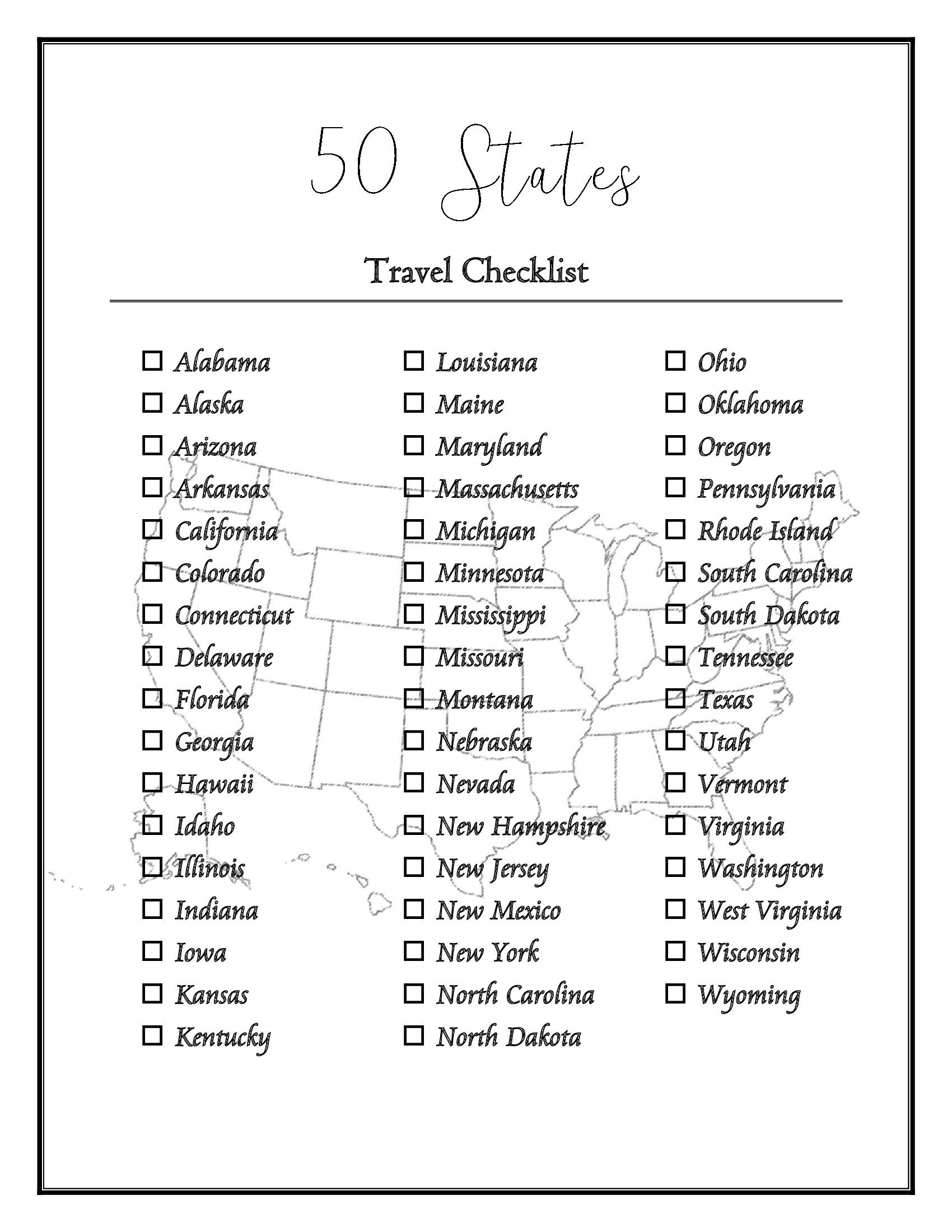 50 Us States Checklist - Etsy throughout Printable List Of The 50 States In Alphabetical Order