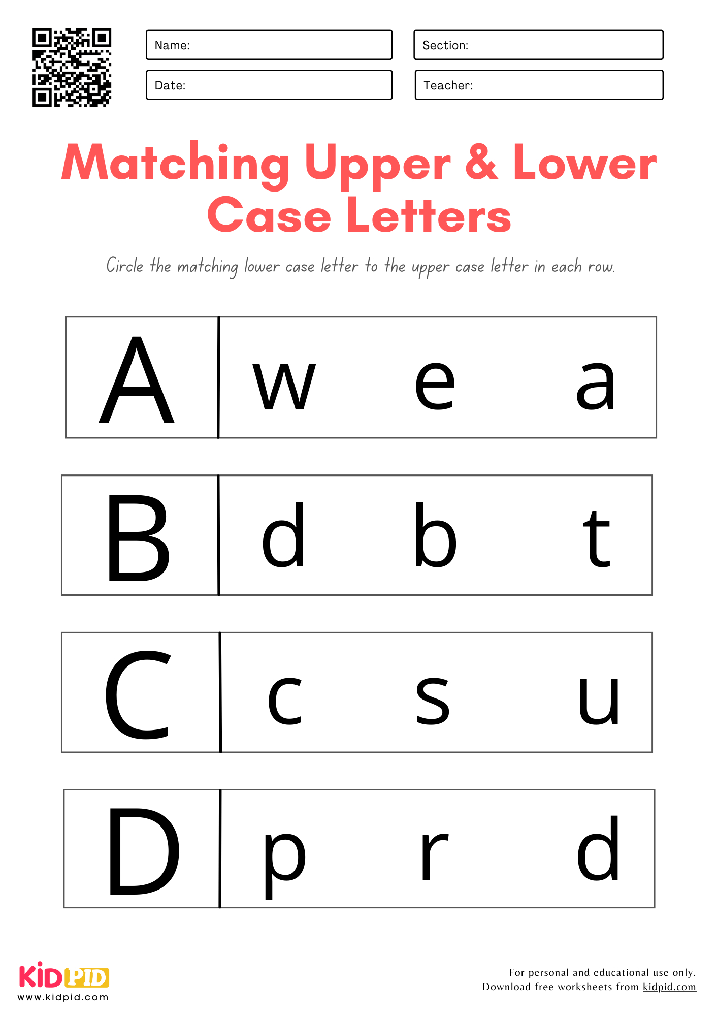 A-Z Upper And Lower Case Letter Matching Worksheet For Preschool with Printable Alphabet Matching Worksheets