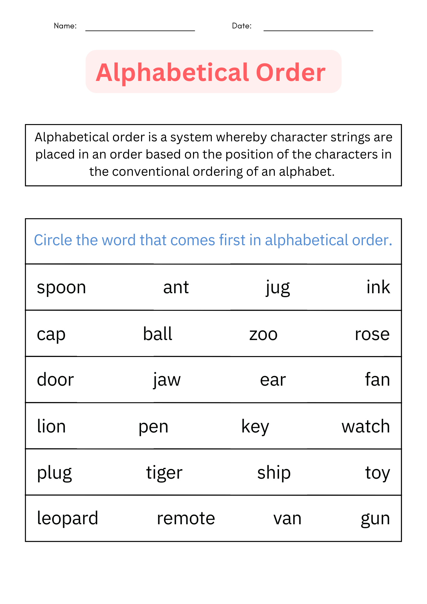 Abc Order - Printable Alphabetical Order Worksheets For 1St L 2Nd in Printable Alphabetical Order Worksheets