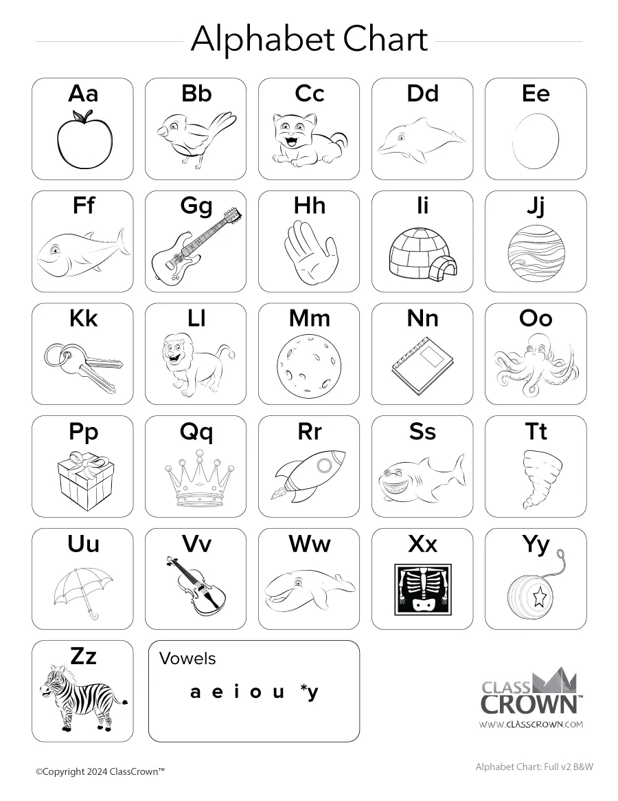 Alphabet Chart - A-Z, B&amp;amp;W - Free Reading Charts | Classcrown pertaining to Printable Alphabet Chart Black and White