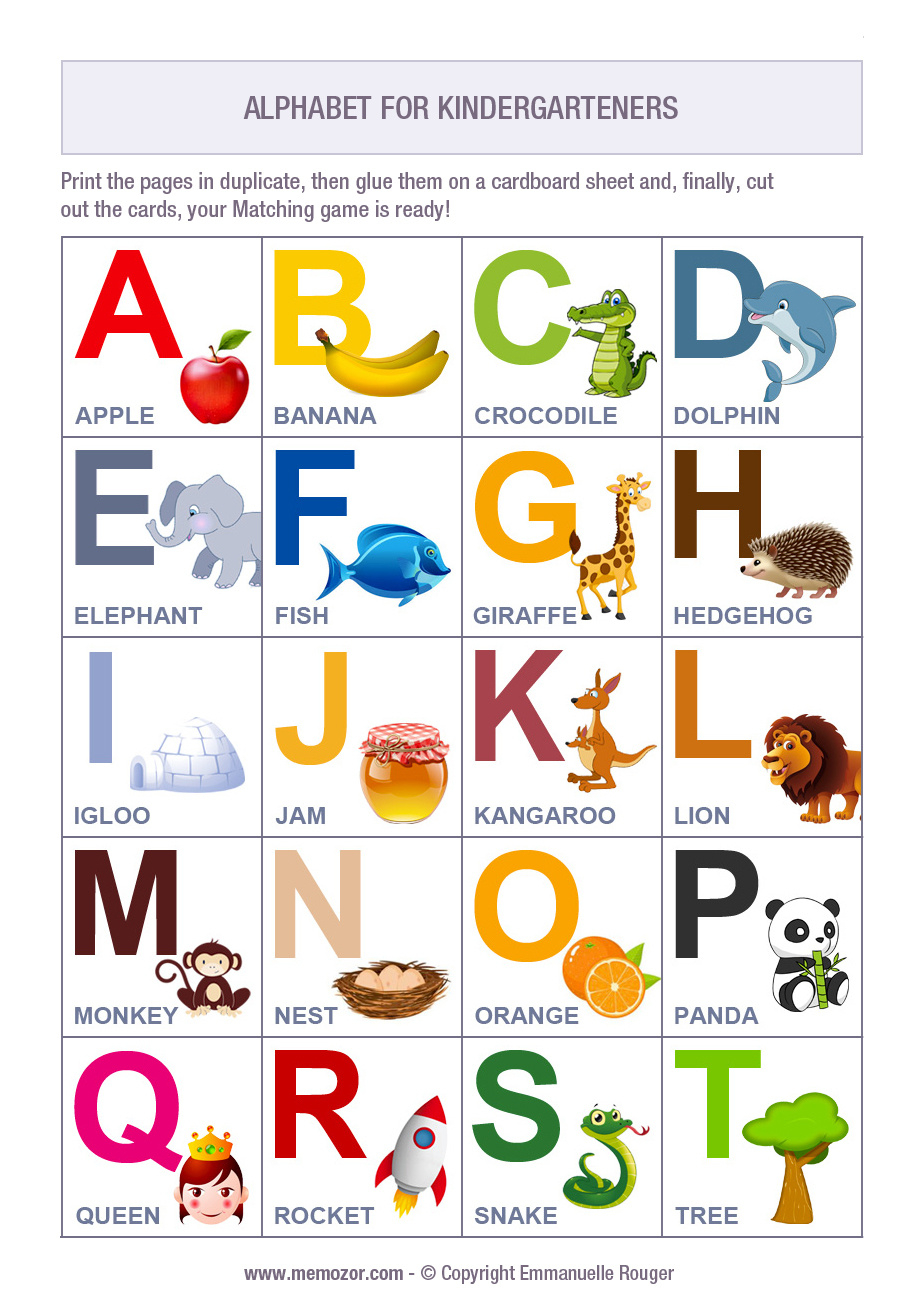 Alphabet With Pictures For Kindergarteners - Printable | Memozor for Printable Alphabet Memory Game