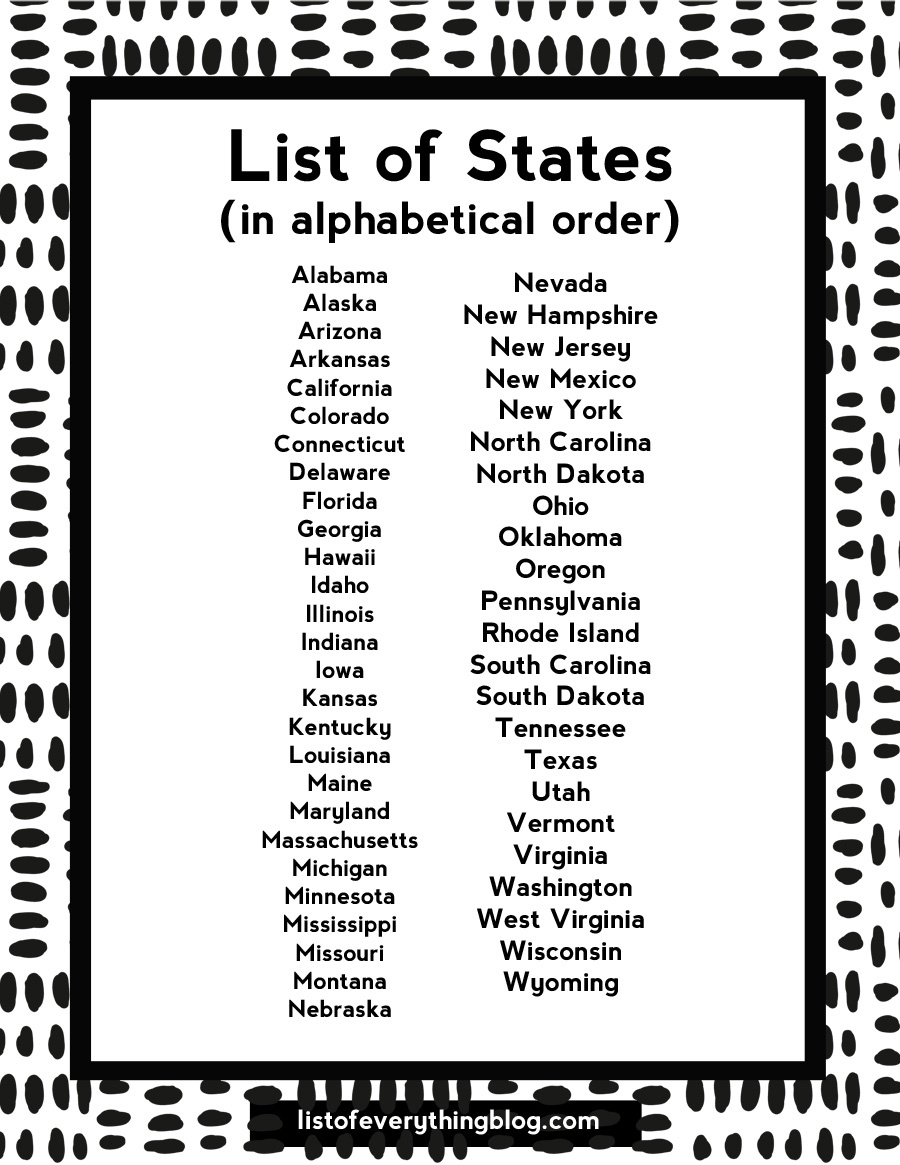 Alphabetical List Of The States for 50 States Alphabetical Order Printable