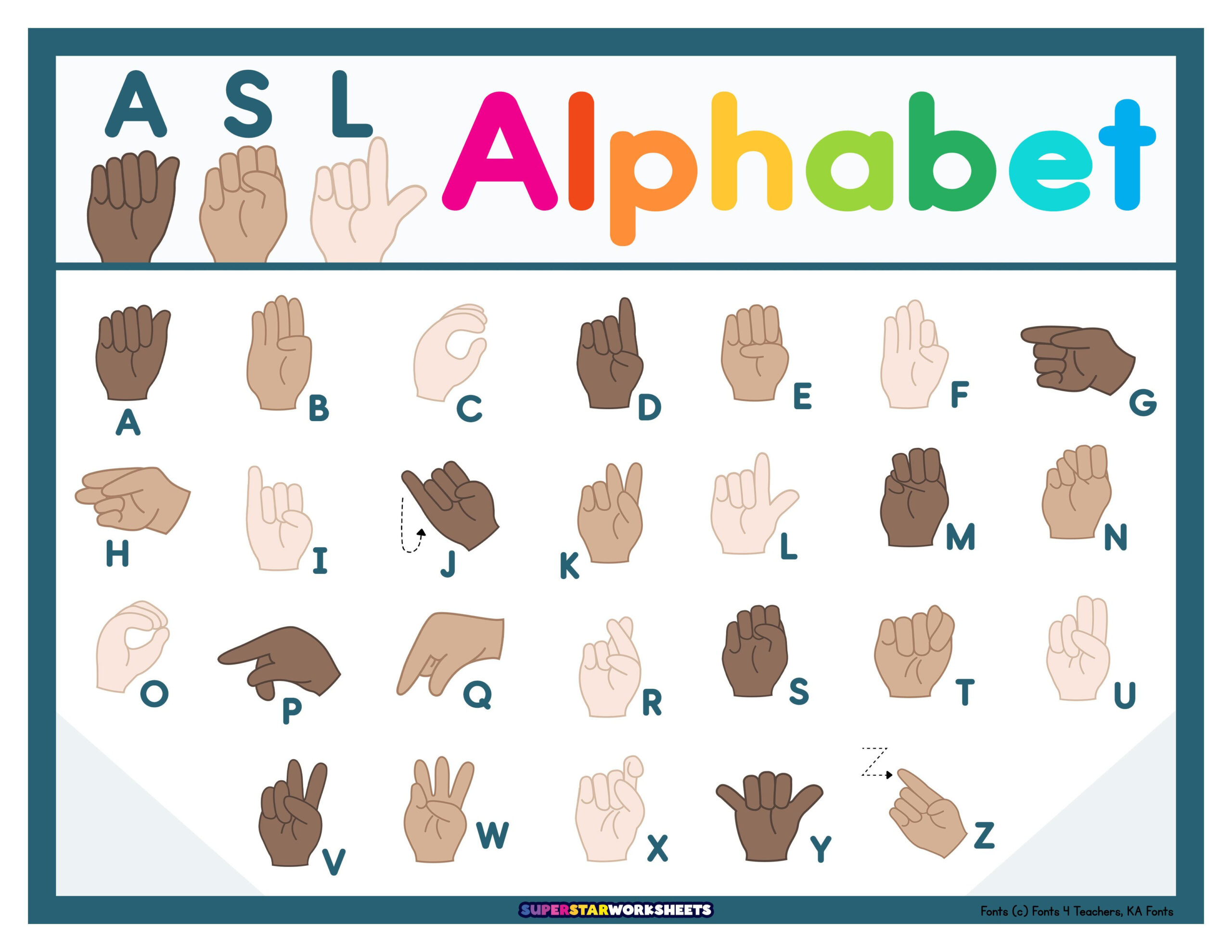 Asl Alphabet Chart - Superstar Worksheets for Free Printable ASL Alphabet Chart