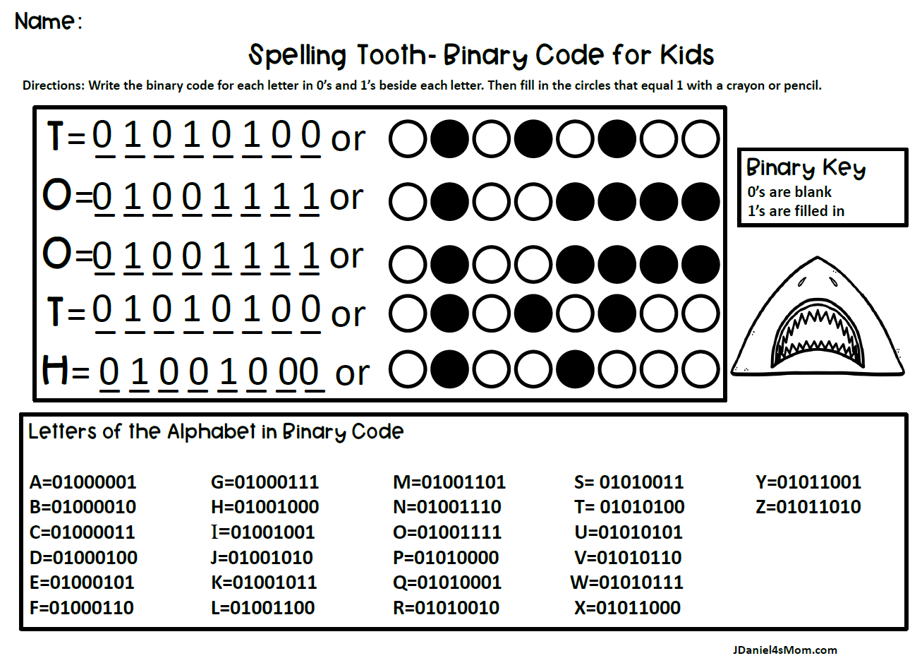 Binary Code For Kids- Spelling Shark Printables - Jdaniel4S Mom for Printable Binary Code Alphabet