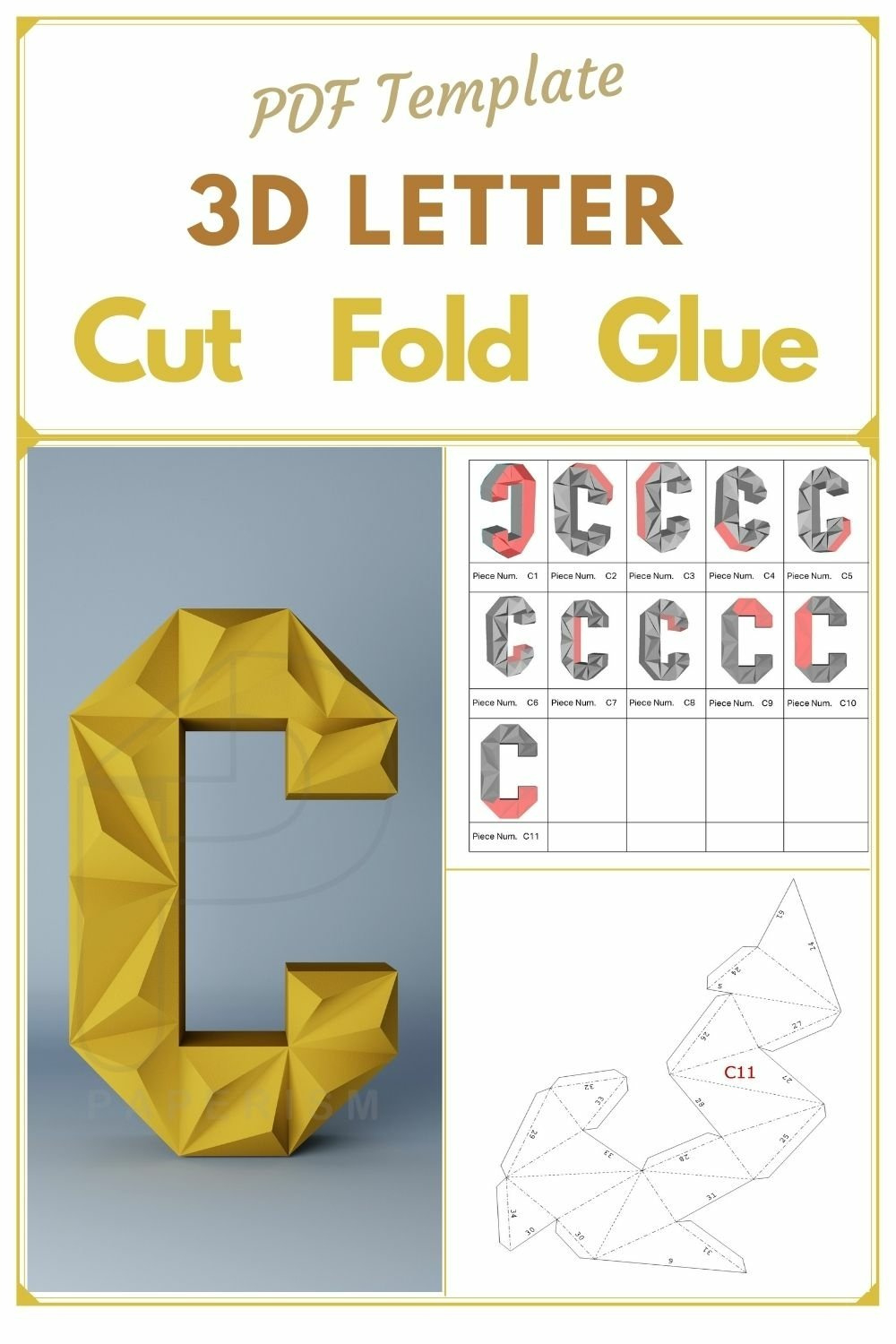 C Letter Papercraft, 3D Alphabet,Diy Pdf Template, Low Poly with regard to 3D Alphabet Letters Printable