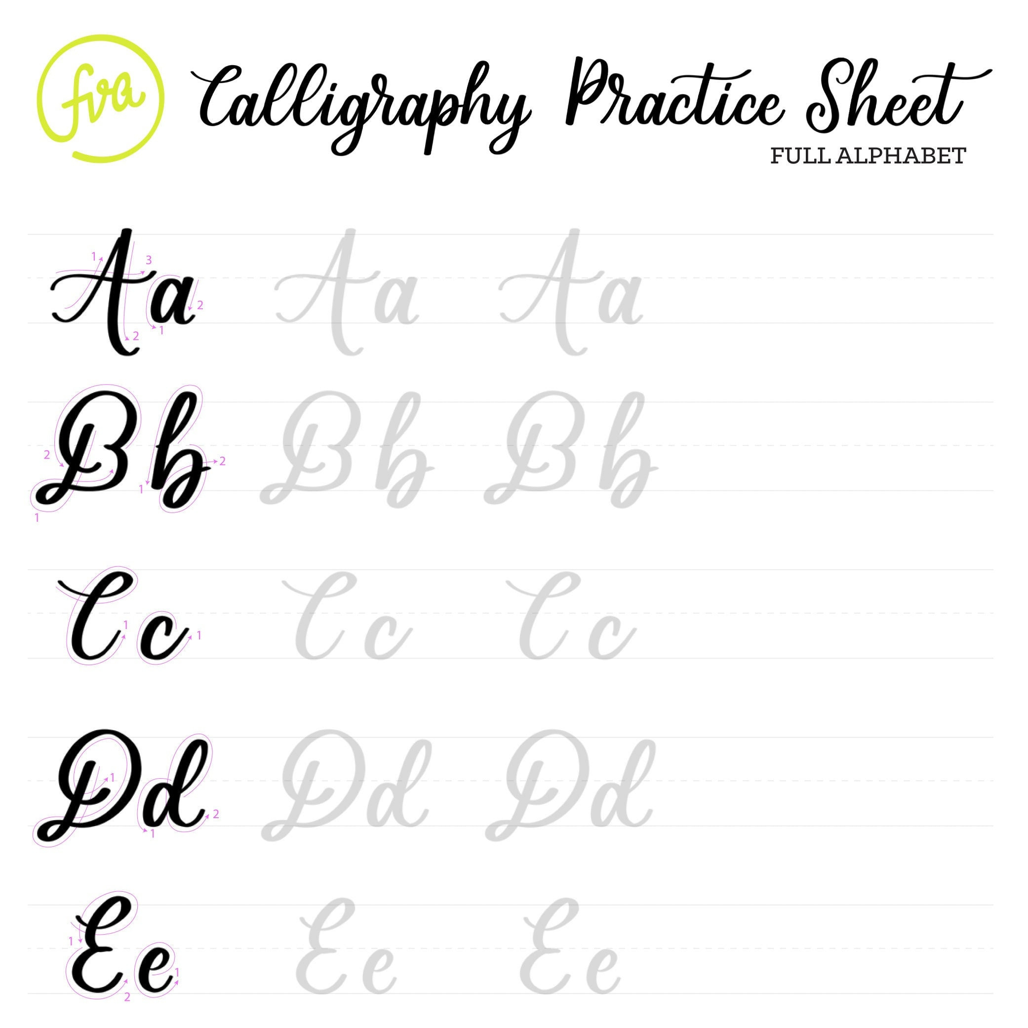 Calligraphy Practice Sheets Full Alphabet Lettering Digital for Printable Calligraphy Alphabet Practice Sheets