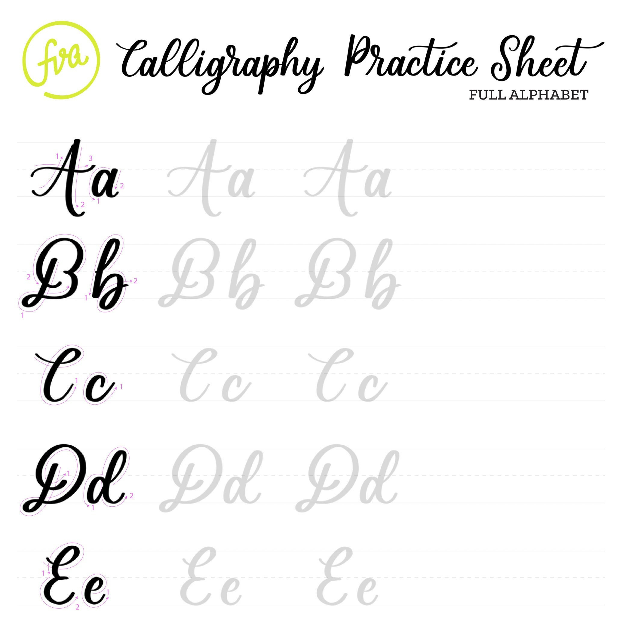 Calligraphy Practice Sheets Full Alphabet Lettering Digital throughout Calligraphy Alphabet Letters Printable