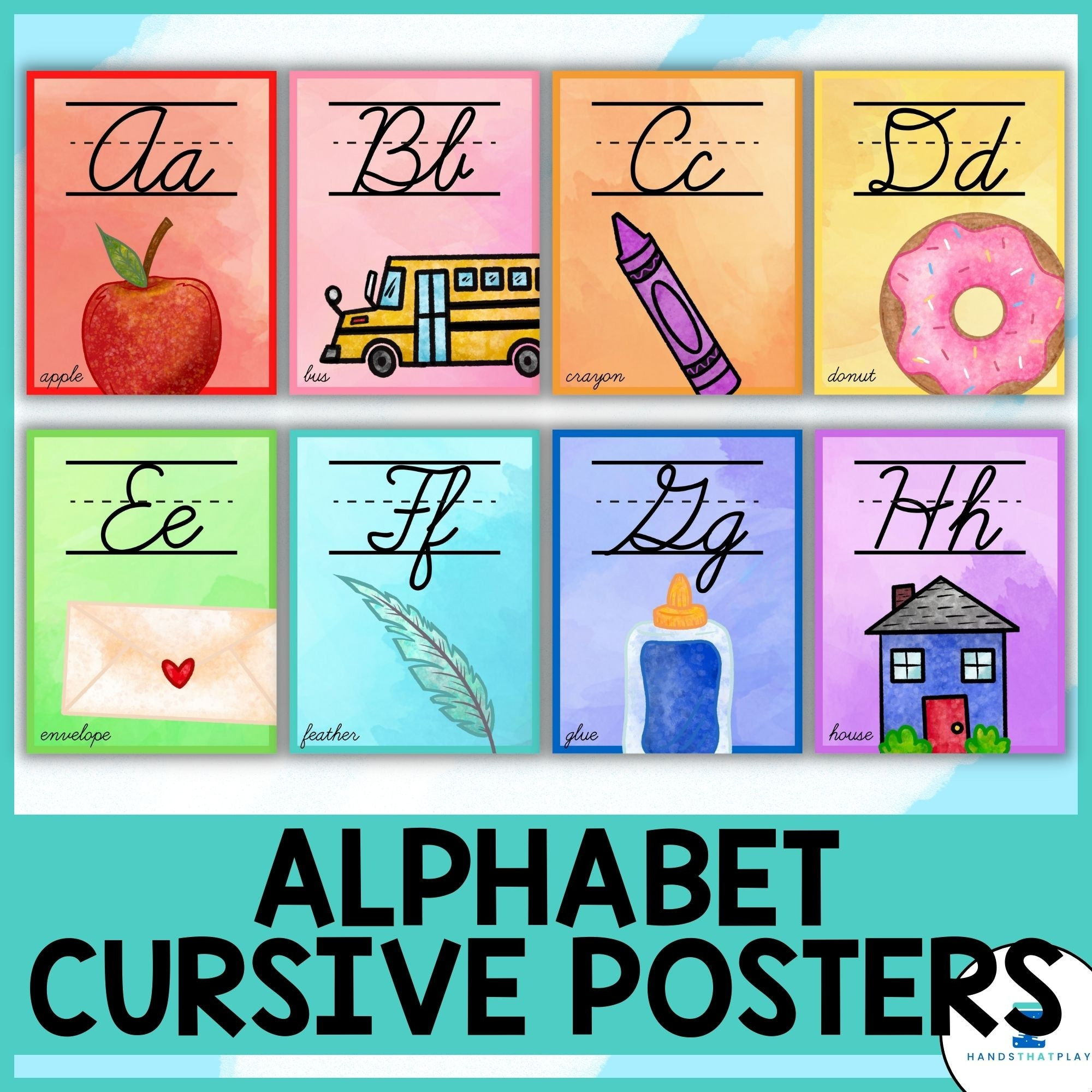 Cursive Alphabet Posters Rainbow Watercolor Classroom Decor - Etsy intended for Cursive Alphabet Printable Posters
