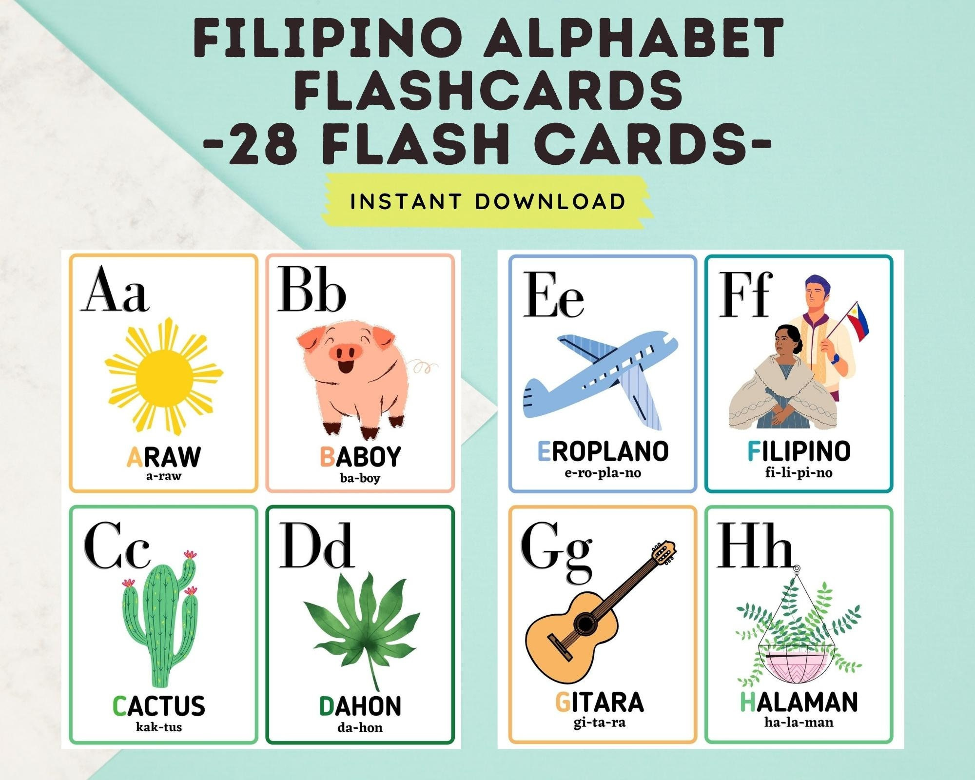 Filipino Alphabet 28 Cards Flashcards Tagalog Abc Flashcards intended for Printable Tagalog Alphabet Flash Cards