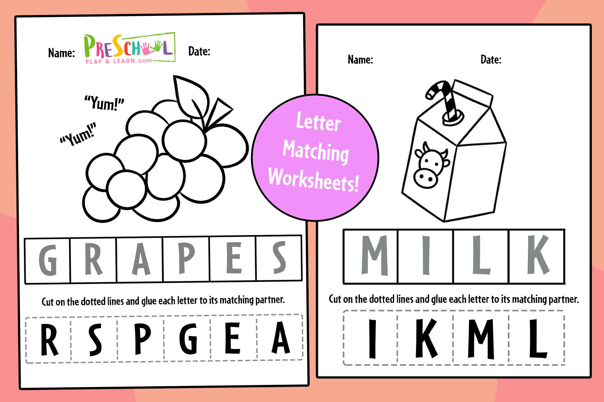 Free Food Theme Letter Matching Worksheets! throughout Cut And Paste Alphabet Match Free Printable