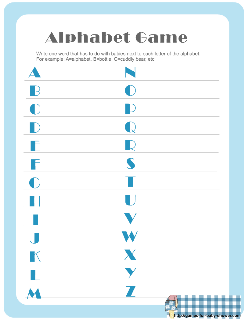 Free Printable Baby Shower Alphabet Game inside Baby Alphabet Game A to Z Answers Printable
