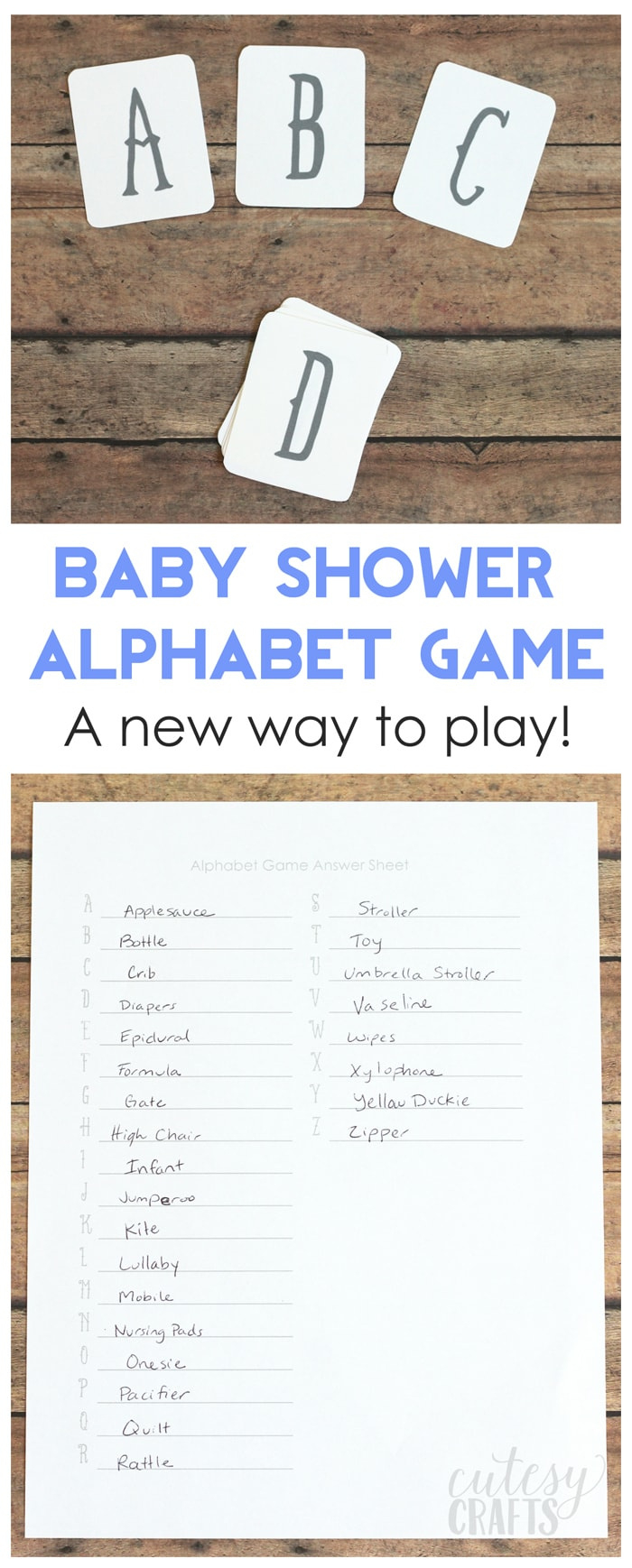 Free Printable Baby Shower Game - Alphabet Cards - Cutesy Crafts inside Baby Alphabet Game A to Z Answers Printable