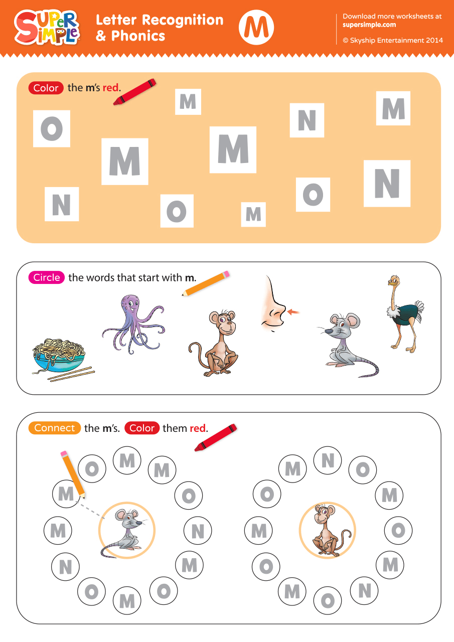 Letter Recognition &amp;amp; Phonics Worksheet - M (Uppercase) - Super Simple for Printable Alphabet Phonics Worksheets