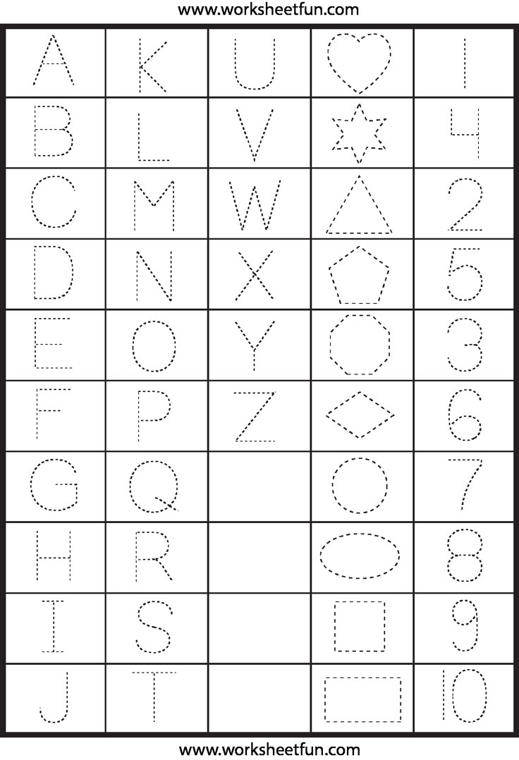 Letters, Numbers And Shapes Tracing Worksheets / Free Printable pertaining to Printable Alphabet And Numbers