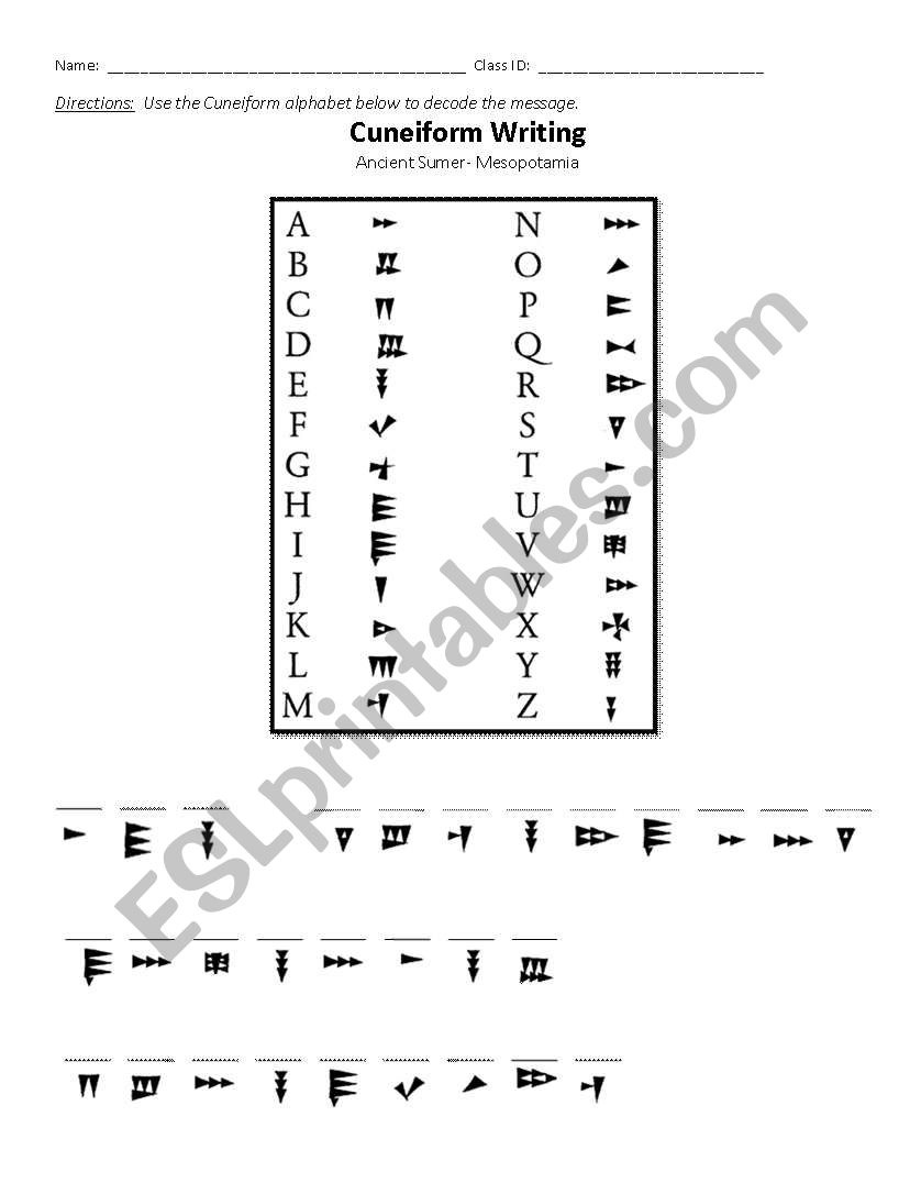 Mesopotamia- Cuneiform Decoding - Esl Worksheetjennifer.pusateri intended for Free Printable Cuneiform Alphabet