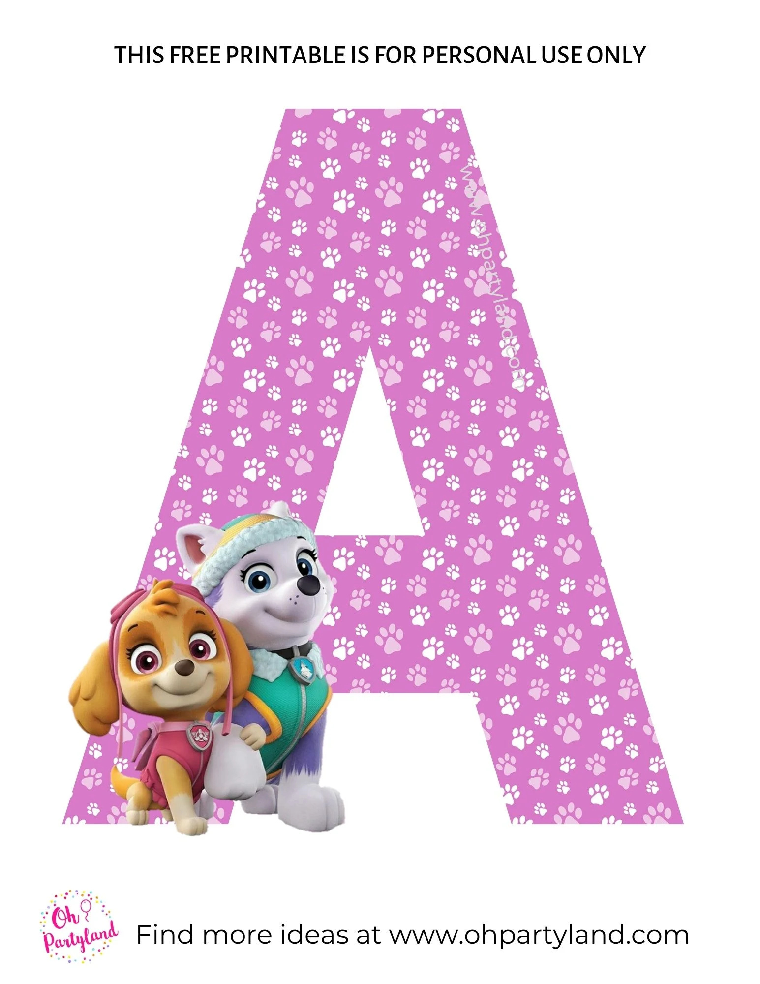 Paw Patrol Alphabet Letters - Skye And Everest - Oh Partyland throughout Free Paw Patrol Alphabet Printable