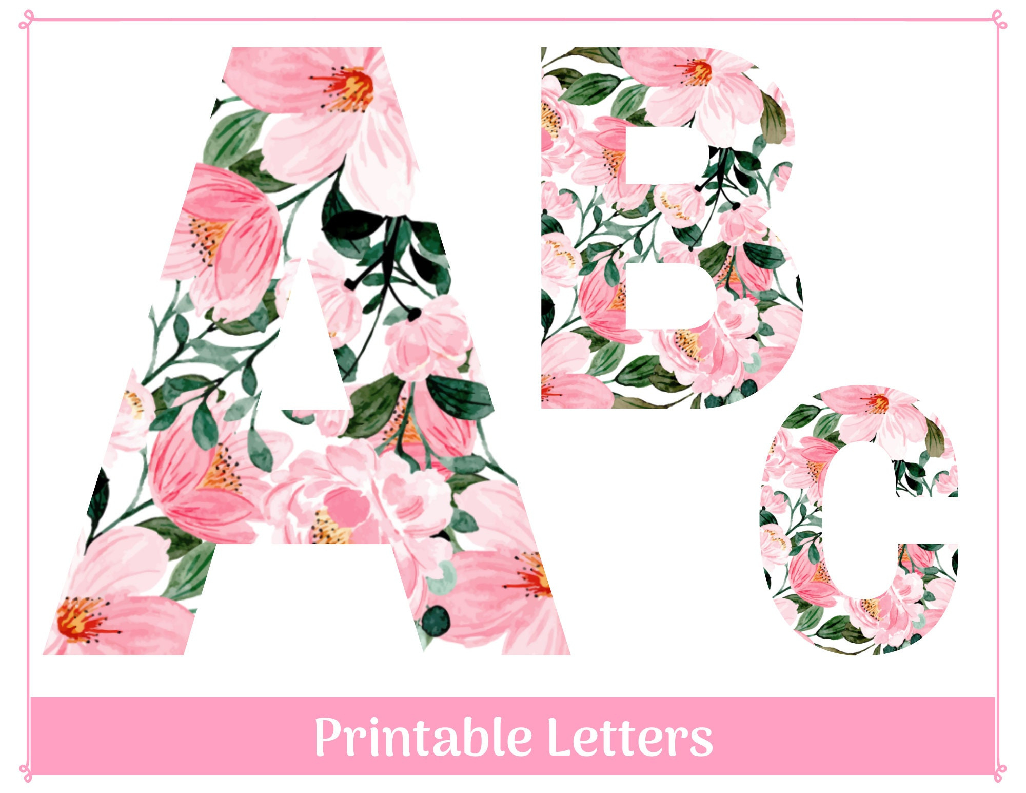 Pink Floral Alphabet Letters A-Z, Numbers 0-9 Printable Clip Art inside Printable Floral Alphabet Letters