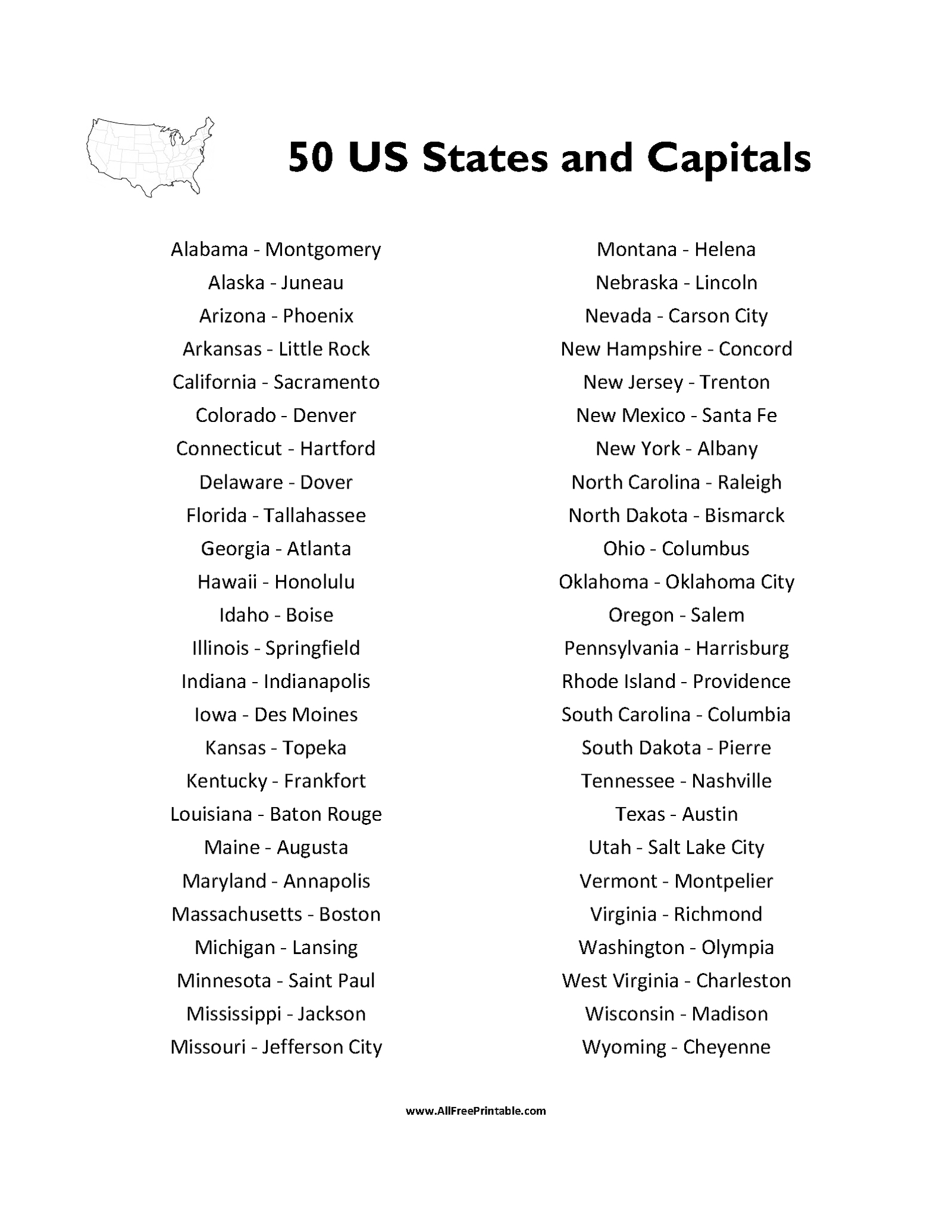 Print 50 States And Capitals List – Free Printable regarding Printable List Of 50 States And Capitals In Alphabetical Order