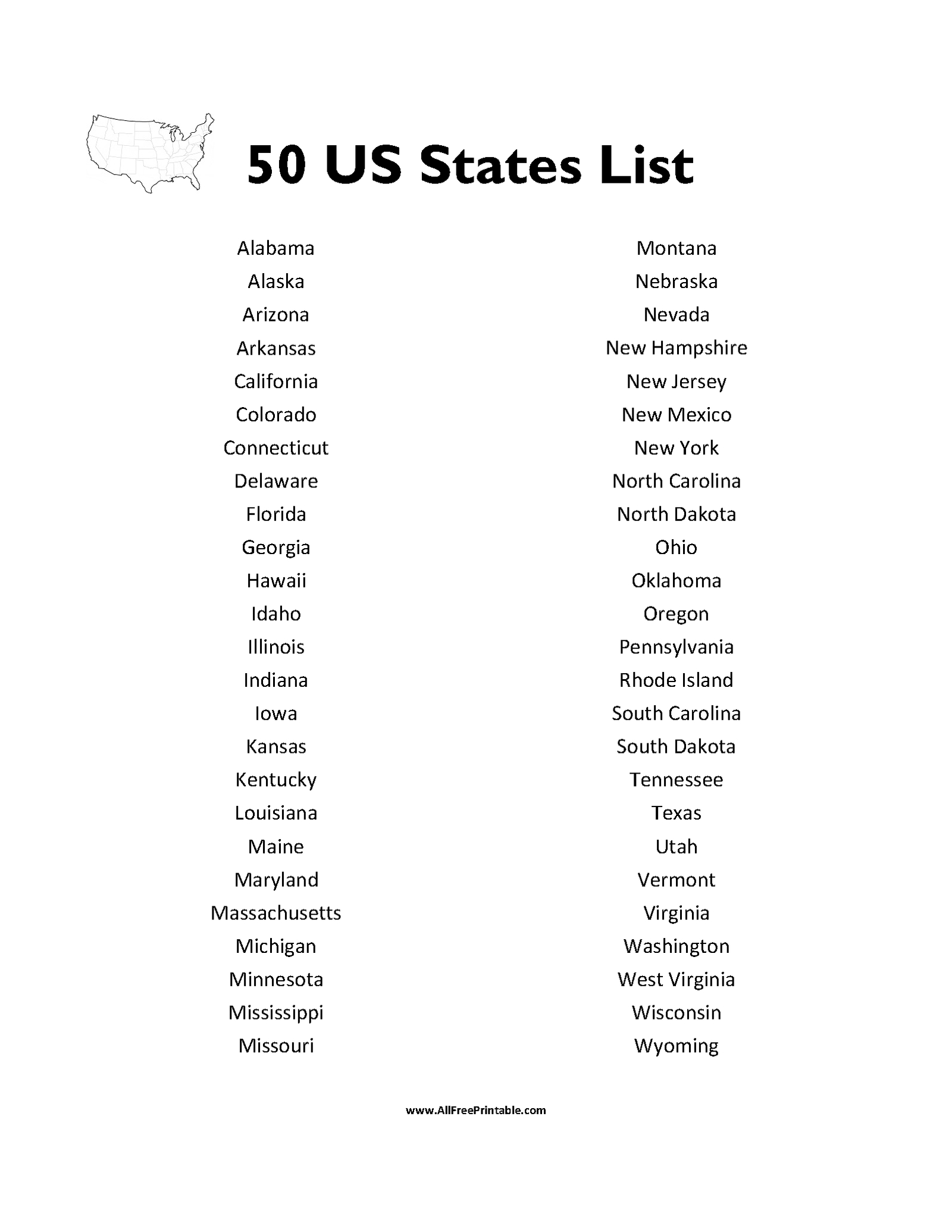 Print 50 States List – Free Printable regarding 50 States in Alphabetical Order Printable