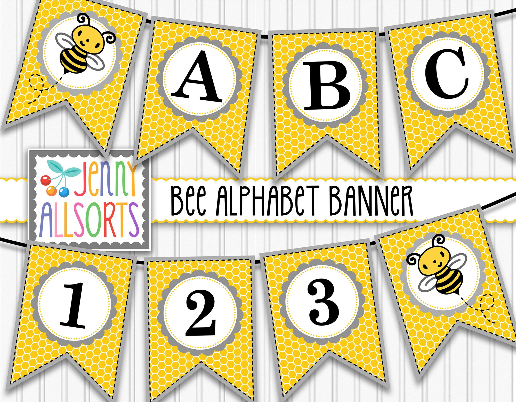 Printable Bee Banner Sign Pennants Digital Honey Bee Alphabet pertaining to Printable Bee Alphabet Letters