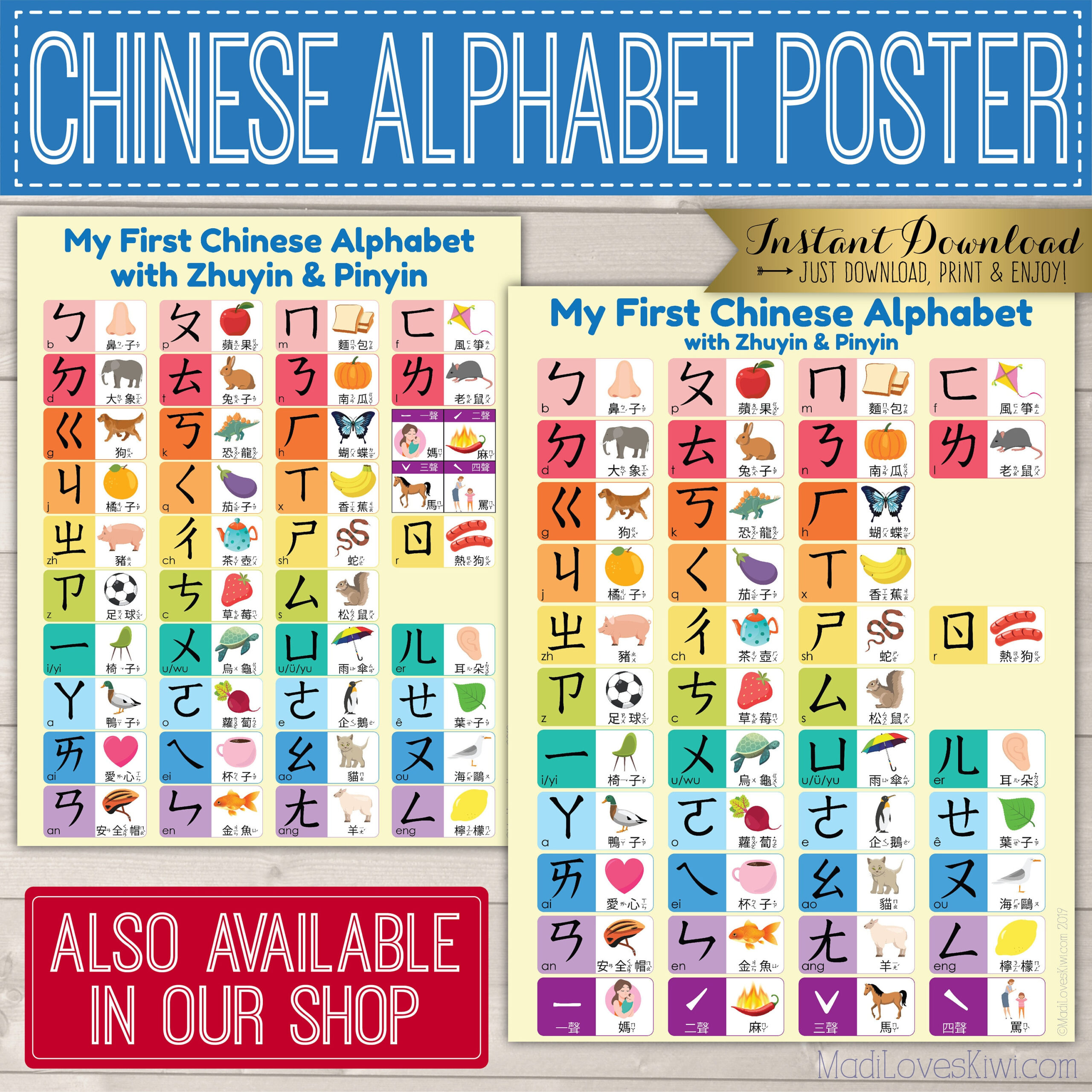 Printable Chinese Alphabet Poster, 8X10 &amp;amp; 11X14 Bopomofo Chart for Printable Chinese Alphabet Chart