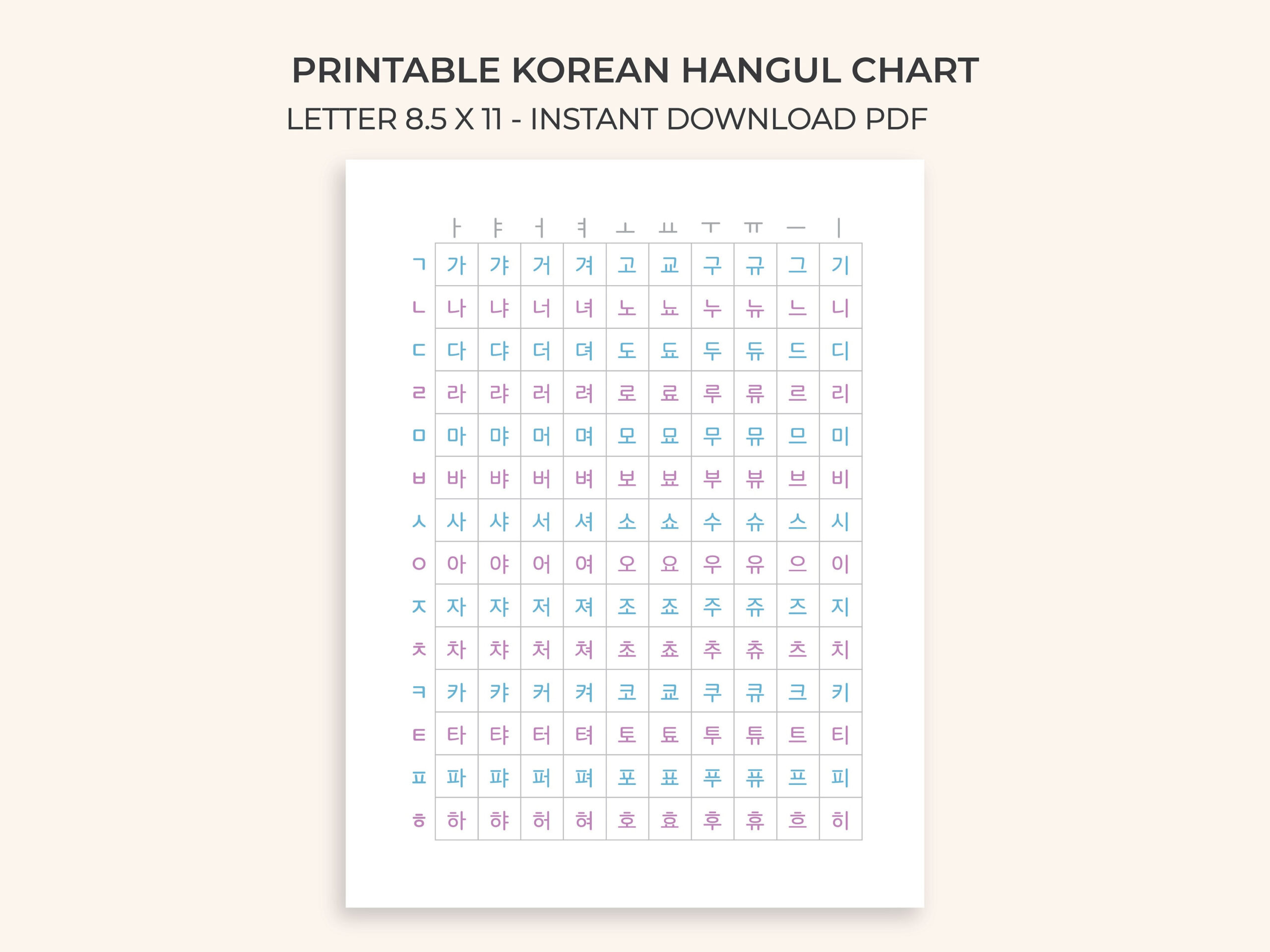 Printable Hangul Korean Alphabet Chart Poster Guide Grid Letters Studying School Combinations Color Instant Download Pdf Reference Language throughout Printable Korean Alphabet Chart