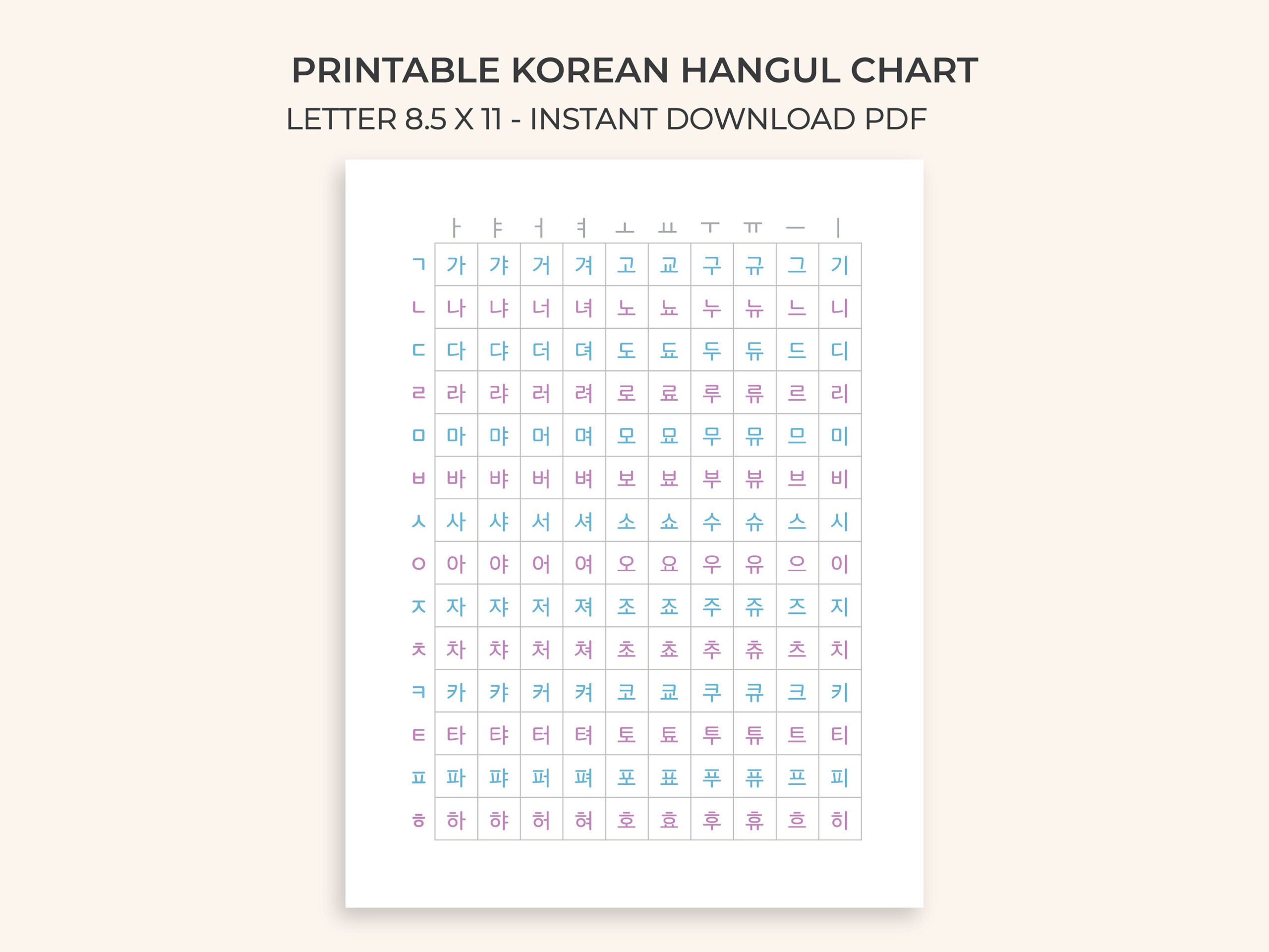 Printable Hangul Korean Alphabet Chart Poster Guide Grid Letters Studying School Combinations Color Instant Download Pdf Reference Language with regard to Printable Hangul Alphabet Chart