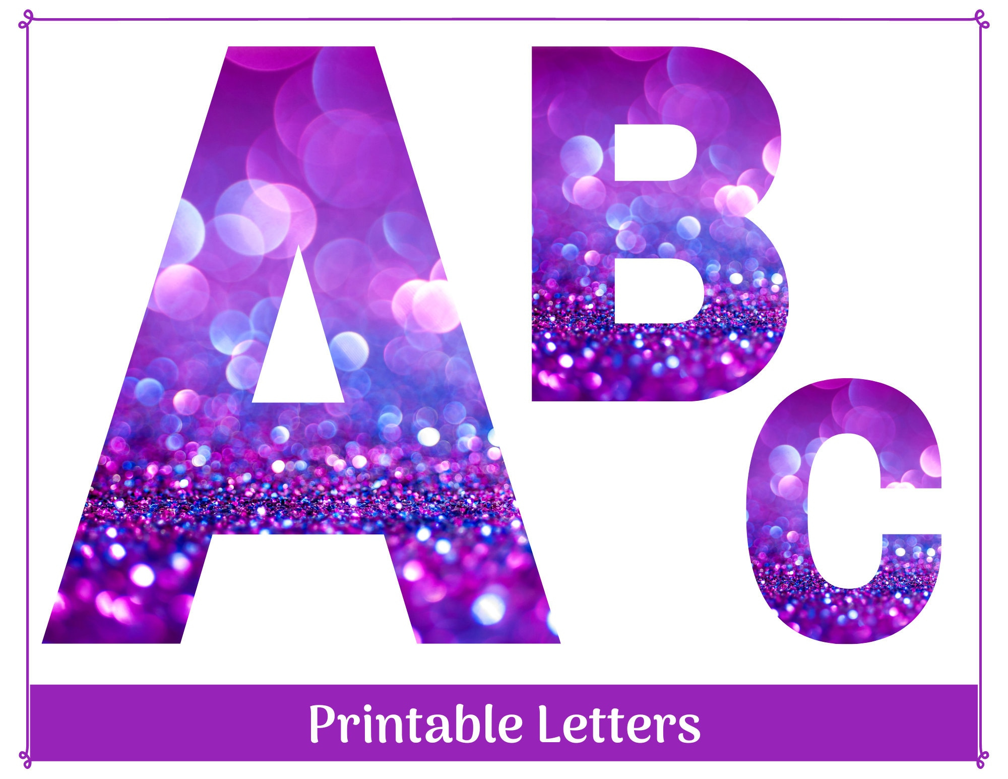 Purple Sparkle Alphabet Letters A-Z, Numbers 0-9 Printable Banner pertaining to Printable Purple Alphabet Letters