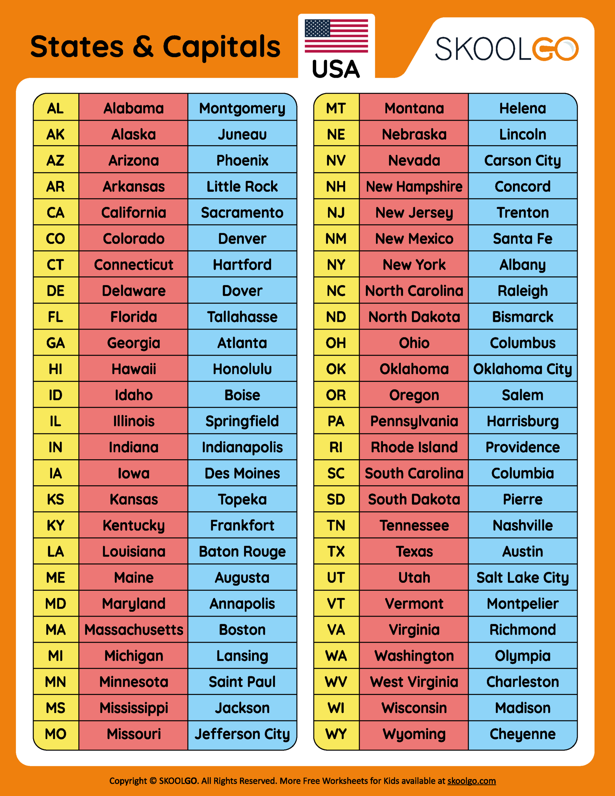 States And Capitals - Free Worksheet For Kids - Skoolgo with Alphabetical List of States and Capitals Printable