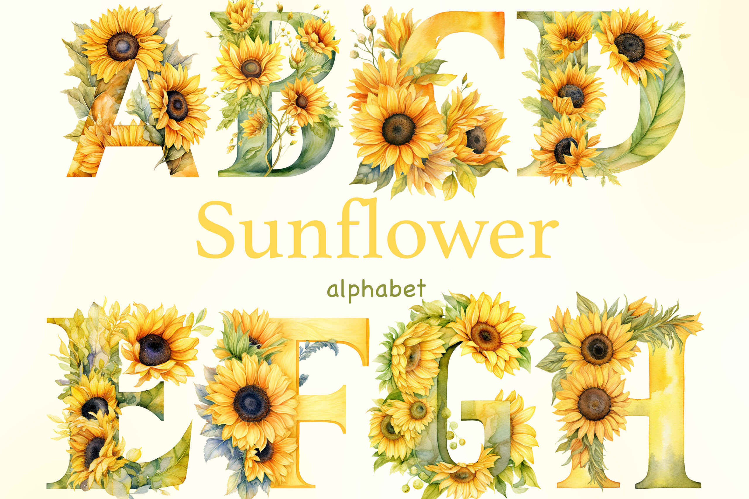 Sunflowers Alphabet | Yellow Lettersglamartzhanna | Thehungryjpeg inside Printable Sunflower Alphabet Letters