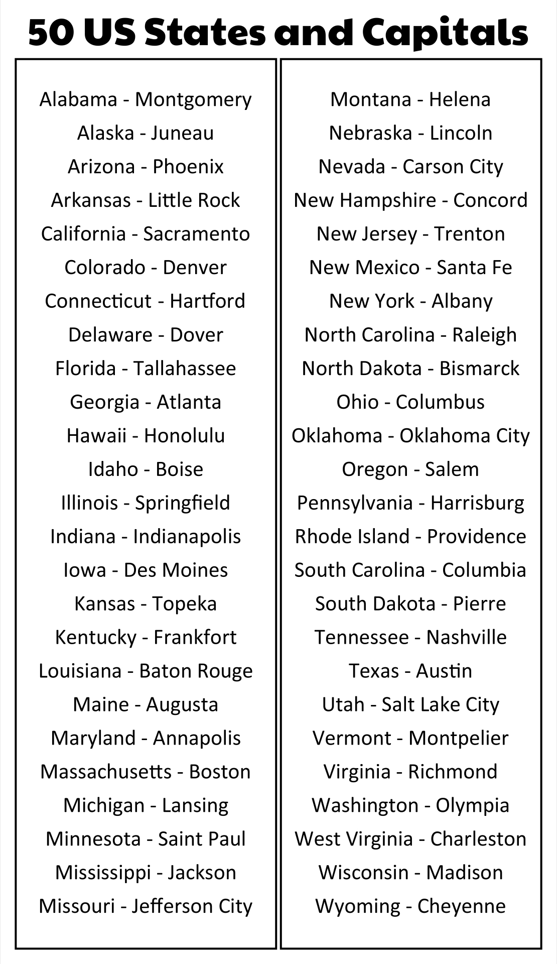 Us State Capitals List - 11 Free Pdf Printables | Printablee for Us States and Capitals Alphabetical List Printable