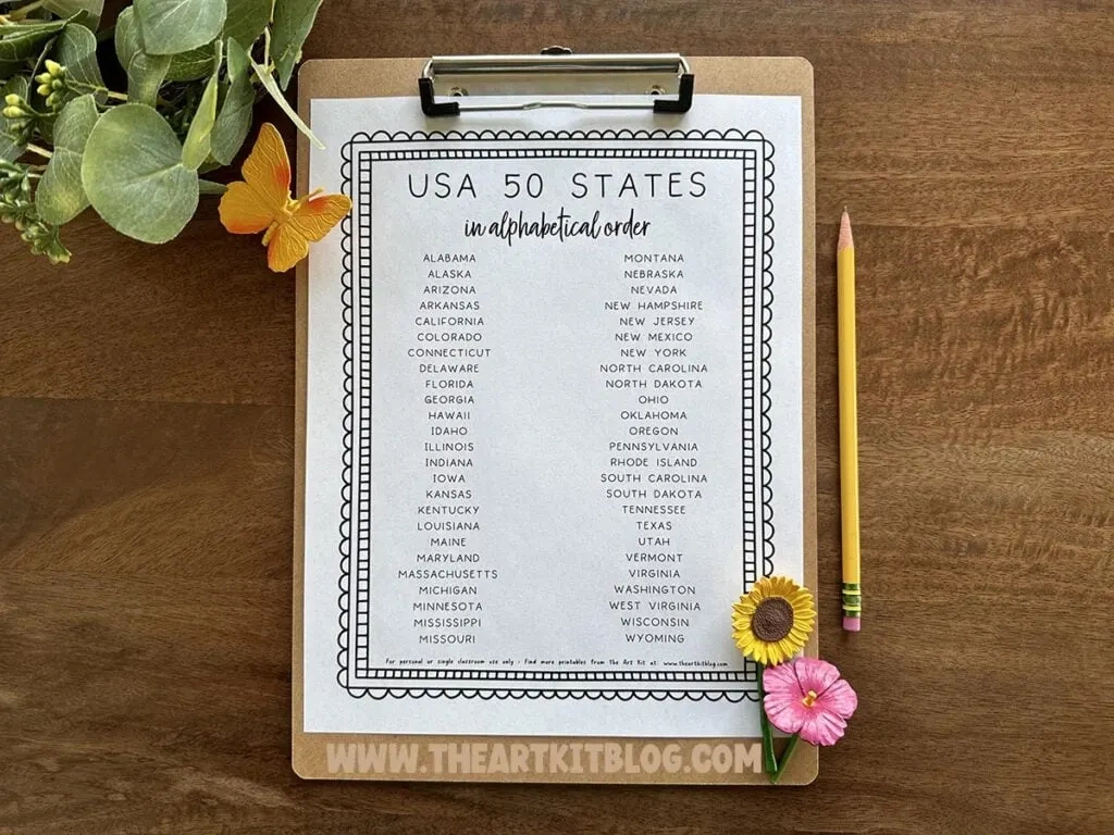 Usa 50 States Alphabetical Order Free Printable - The Art Kit in 50 States Alphabetical Order Printable