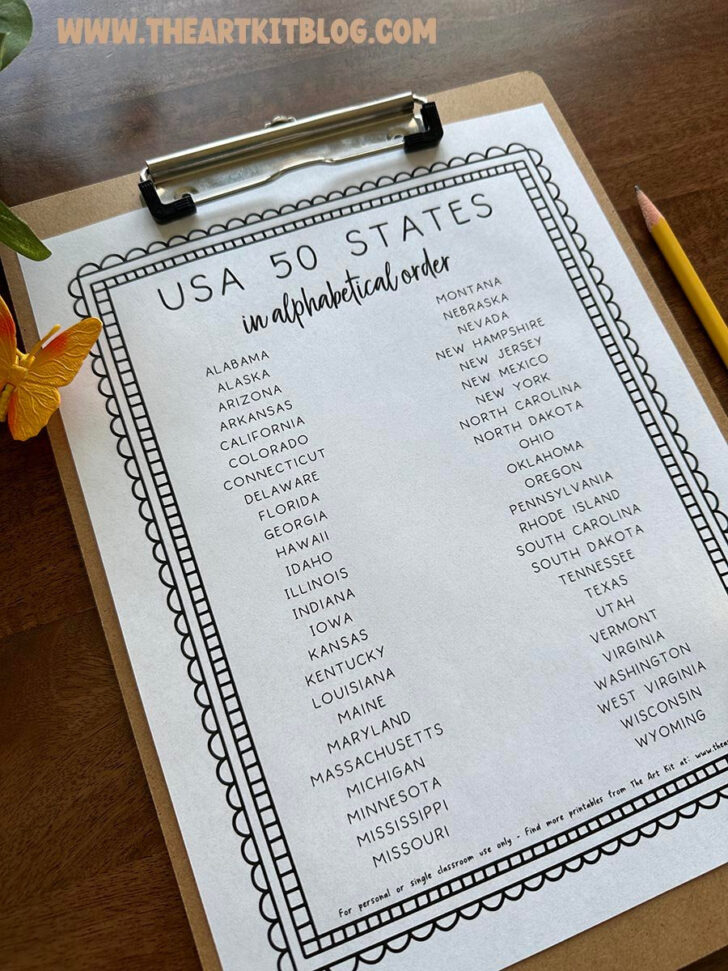 50 States Alphabetical Order Printable