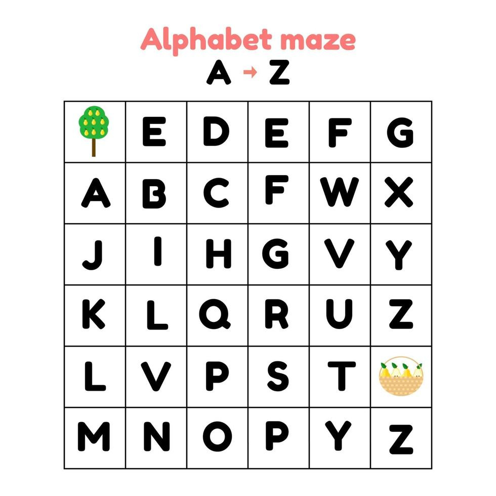 Vector Illustration. Game For Preschool And School Children in A To Z Alphabet Maze Printable