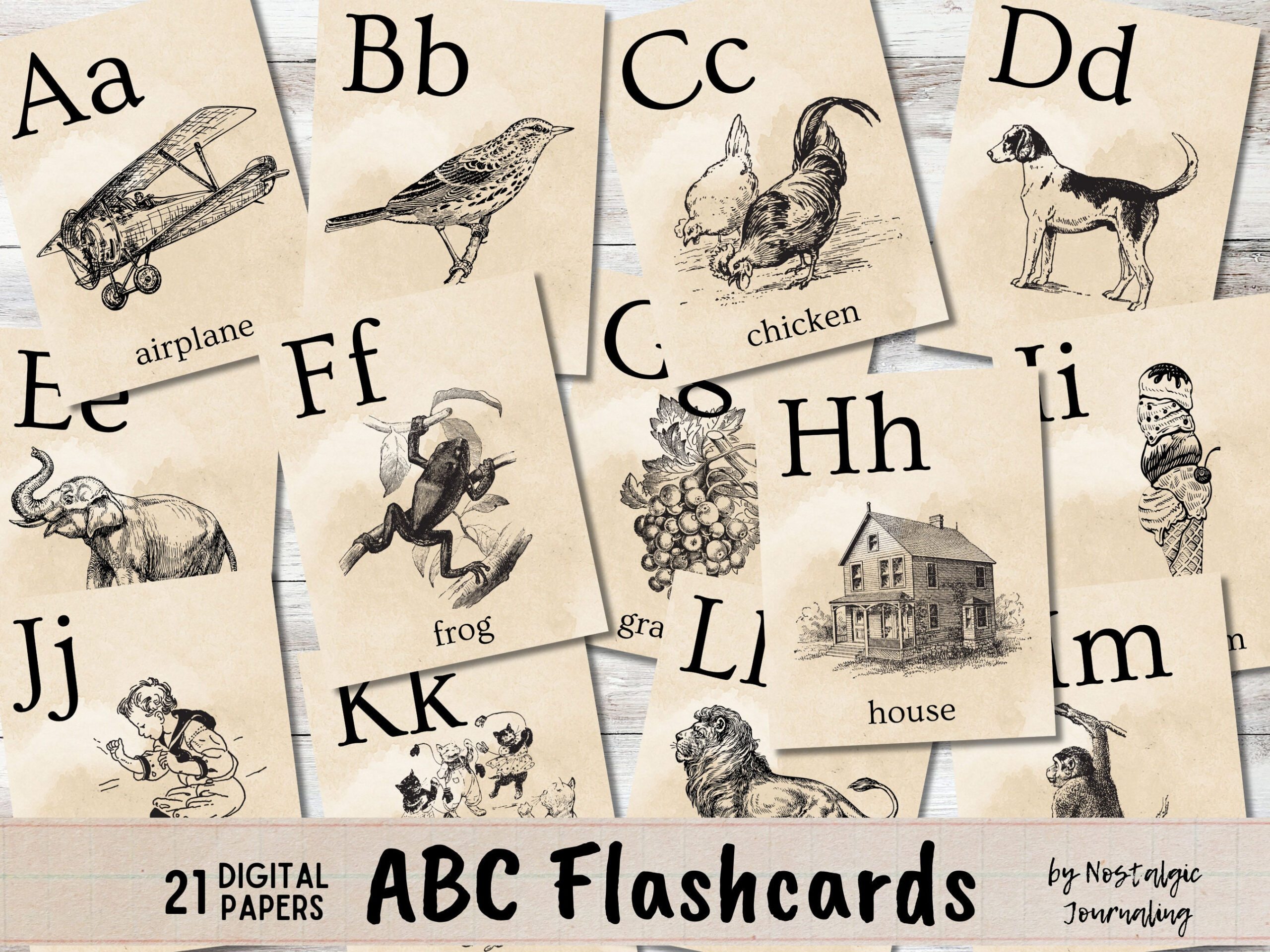 Vintage Abc Flashcards Digital Download, 21 Pages Of Printable with Printable Vintage Alphabet Cards