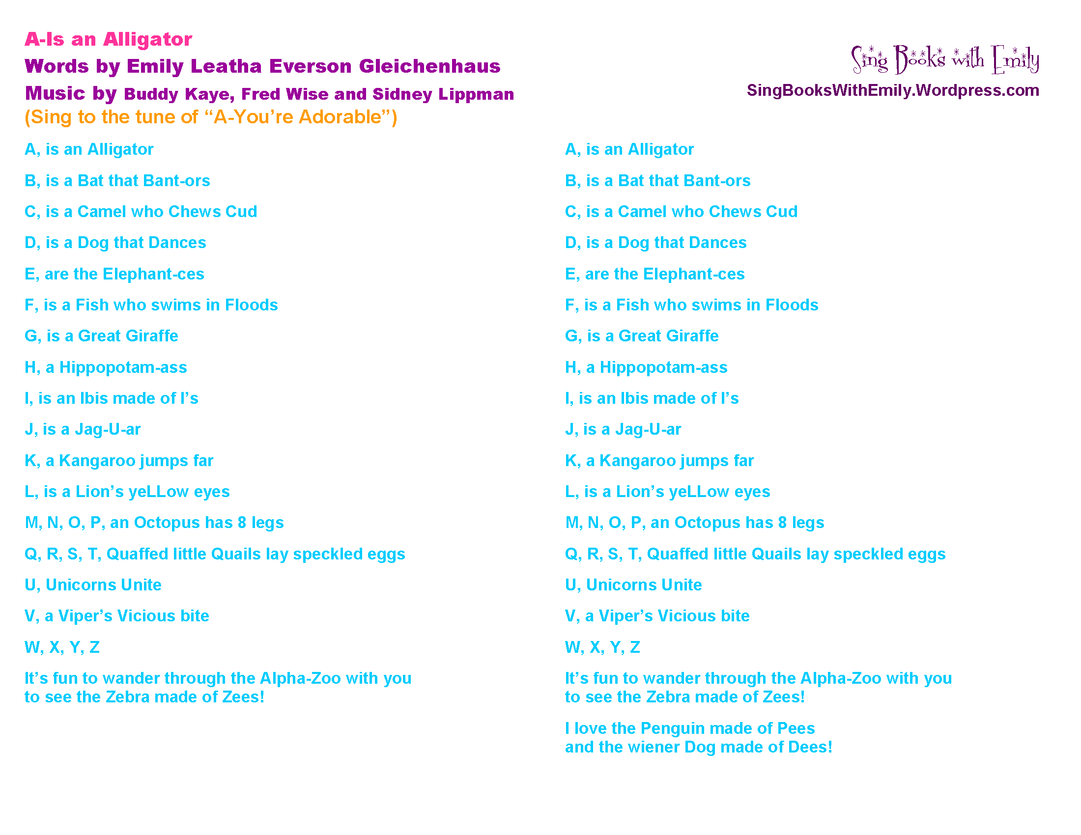 Alphabeasties, Singable Flash Cards! Plus “A-Is An Alligator throughout Florida Alphabet Song Lyrics Printable