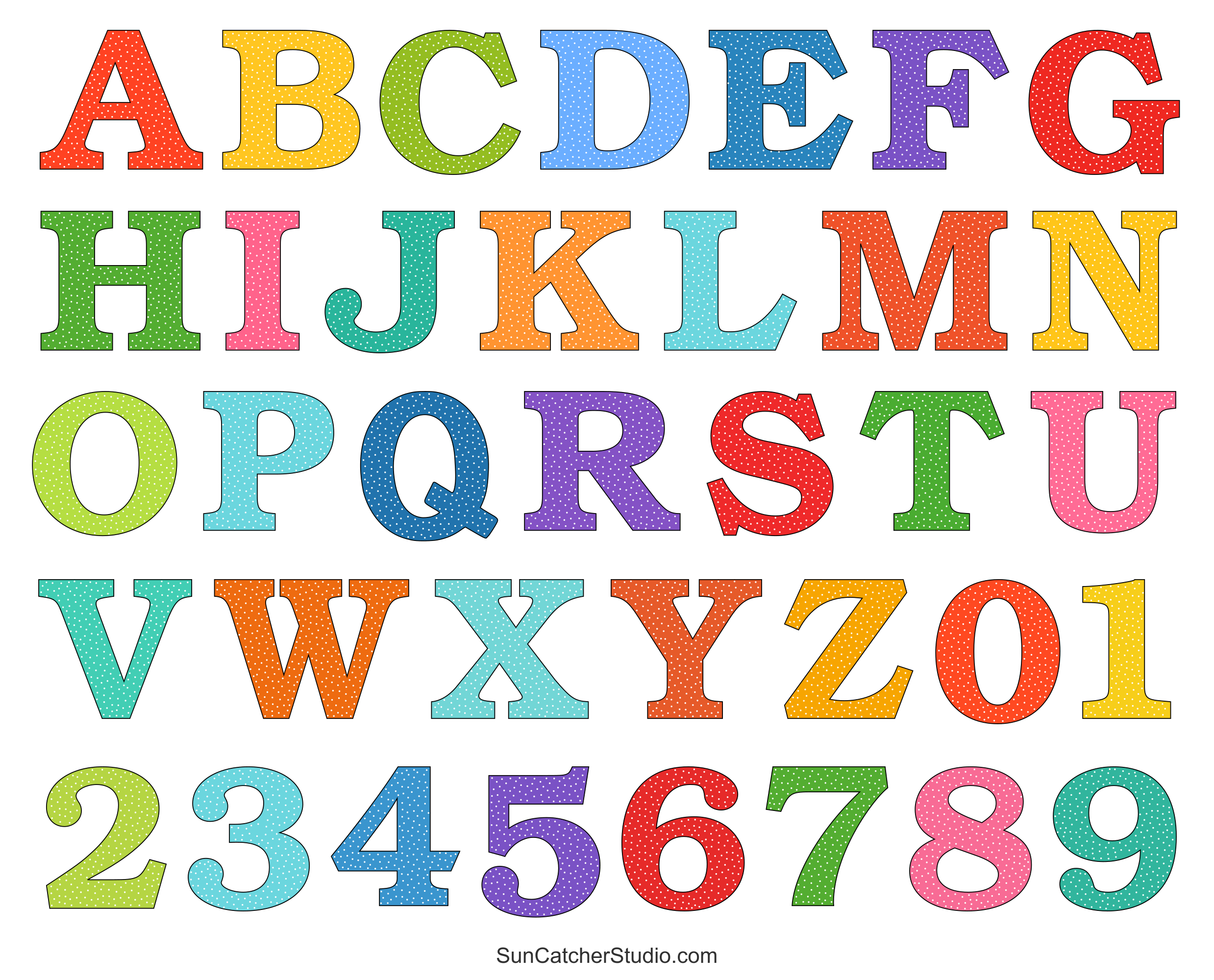 Alphabet Letters And Numbers With A Colorful Polka Dot Design regarding Alphabet Letters with Numbers Printable