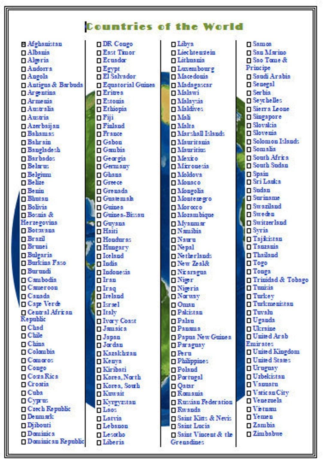 Countries Of The World Printable Checklist - Travel Checklist pertaining to Printable List of Countries of the World