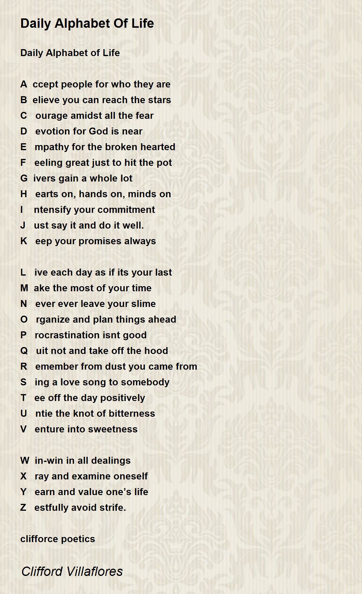 Daily Alphabet Of Life - Daily Alphabet Of Life Poemclifford throughout Alphabet Poem