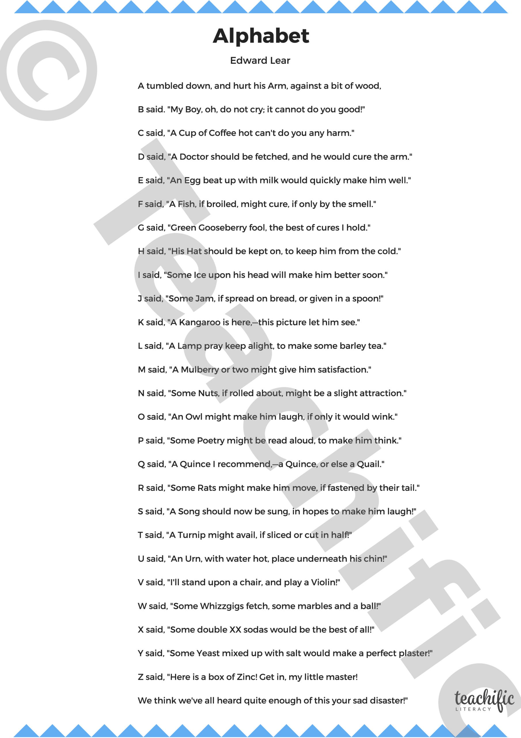 Poem: Alphabet - Edward Lear | Teachific inside Alphabet Poem