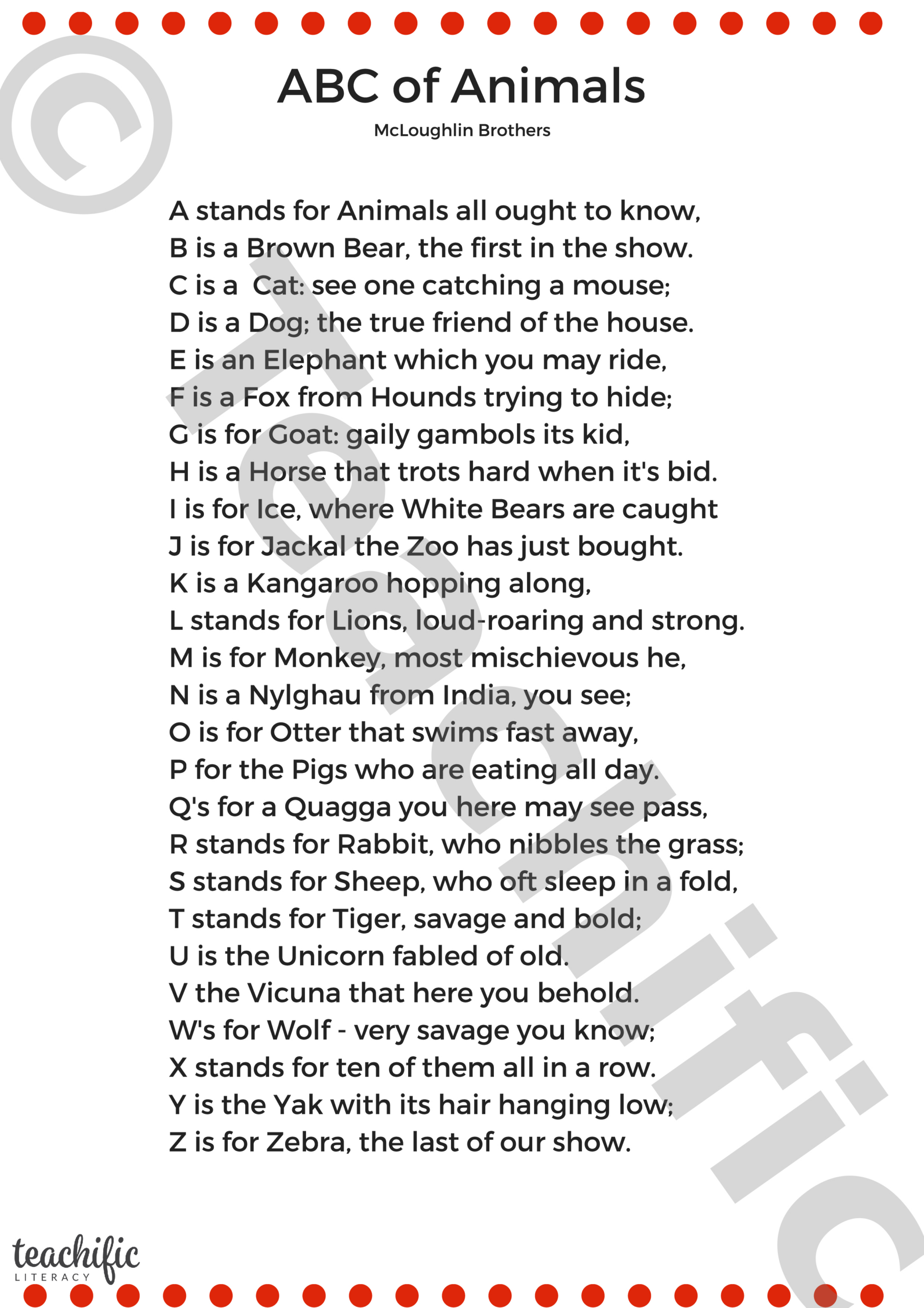 Poems: Abc Of Animals, 2-4 | Teachific for Alphabet Poem