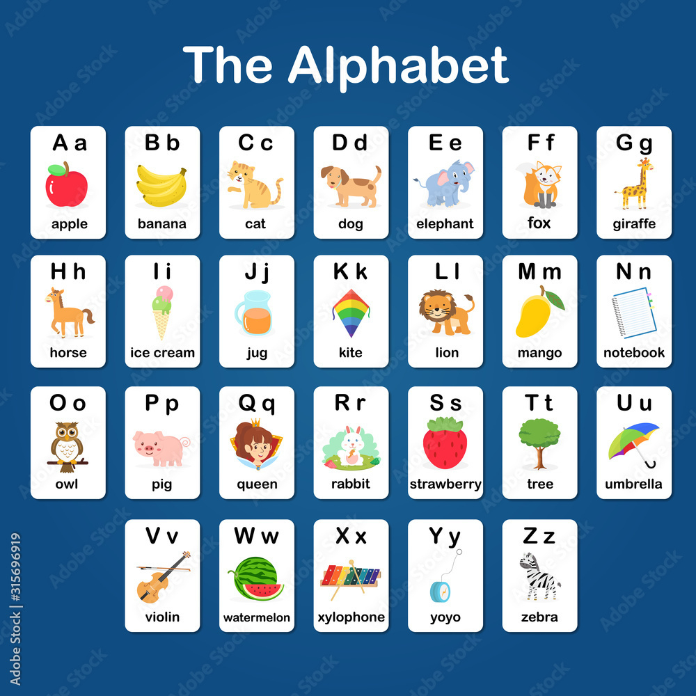 Stock-Vektorgrafik „English Vocabulary And Alphabet Flash Card regarding Alphabet Words